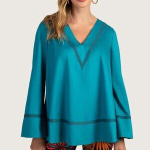 Trina Turk 'Fame' Long-Sleeve Cotton-Sateen Tunic Top, Bahia Blue